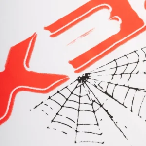 Close-up view of the 5EX graphic print and spider web logo on the premium white Sp5der Heavyweight Essential Tee.