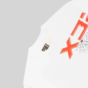 Close up view of the neck label and 5EX spider graphic on the white Sp5der heavyweight cotton tee shirt