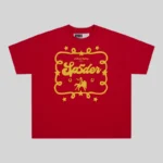 Red Sp5der Archive Rodeo Poster graphic tee front view featuring bold yellow western-inspired cowboy branding.