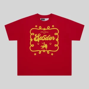 Red Sp5der Archive Rodeo Poster graphic tee front view featuring bold yellow western-inspired cowboy branding.