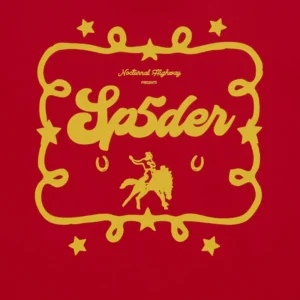 Close up view of the graphic on the red Sp5der Rodeo Poster Tee from the Sp5der Archive collection for street style.
