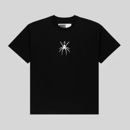 Front view of the black Sp5der TM Tee featuring a white spider graphic logo on the chest from the SS25 archive collection.