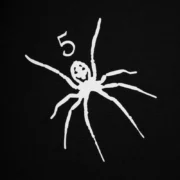 Close-up view of the white Sp5der spider logo graphic print on a black premium 6.5 oz cotton SS25 Sp5der TM Tee shirt.