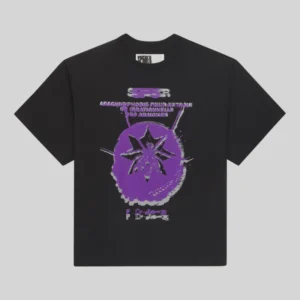 Front view of the Black Sp5der France Blur Tee featuring a purple blurred spider graphic and French text design.