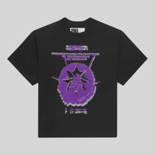 Front view of the Black Sp5der France Blur Tee featuring a purple blurred spider graphic and French text design.