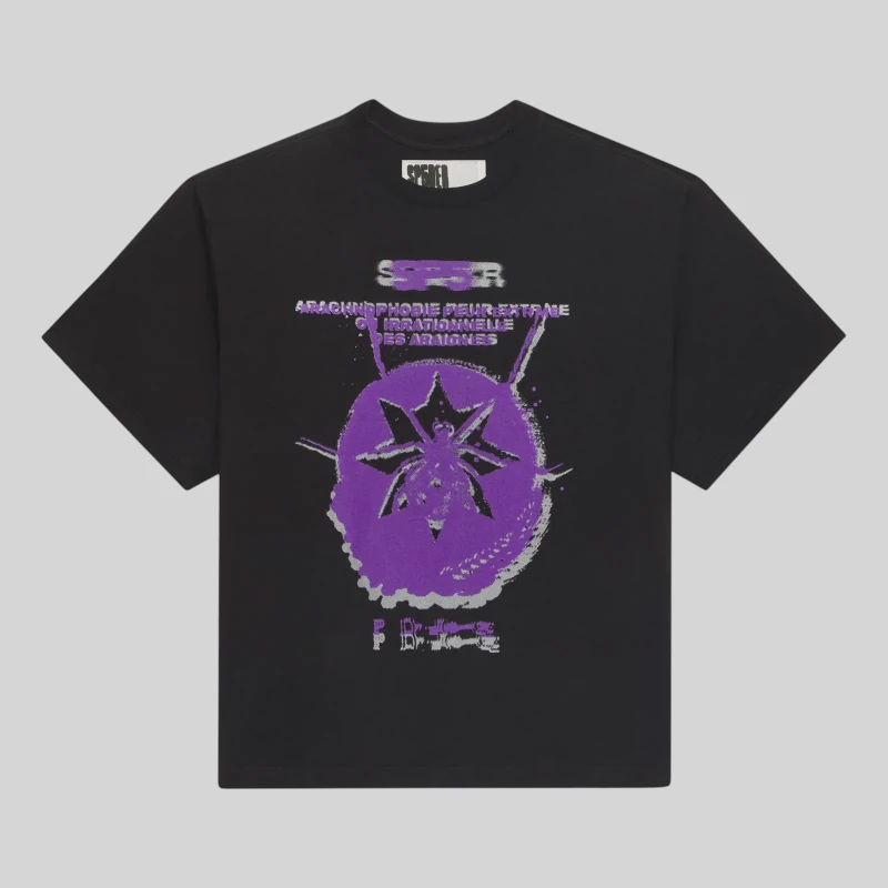 Front view of the Black Sp5der France Blur Tee featuring a purple blurred spider graphic and French text design.