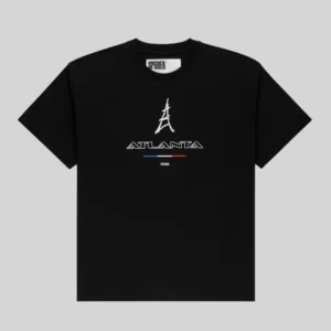 Front view of the black Sp5der Araignée Tee featuring an embroidered Atlanta Paris Eiffel Tower graphic logo.