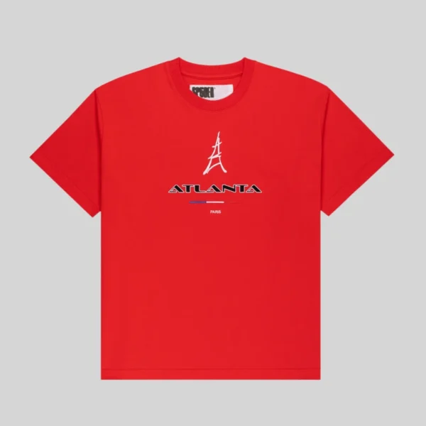 Red Sp5der Araignée Tee featuring an Atlanta Paris Eiffel Tower front graphic on premium 6.5 oz cotton streetwear