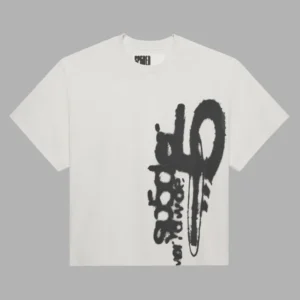 Front view of the white Sp5der SP5 5Luminum T-shirt with a bold black spray-paint graphic print design.