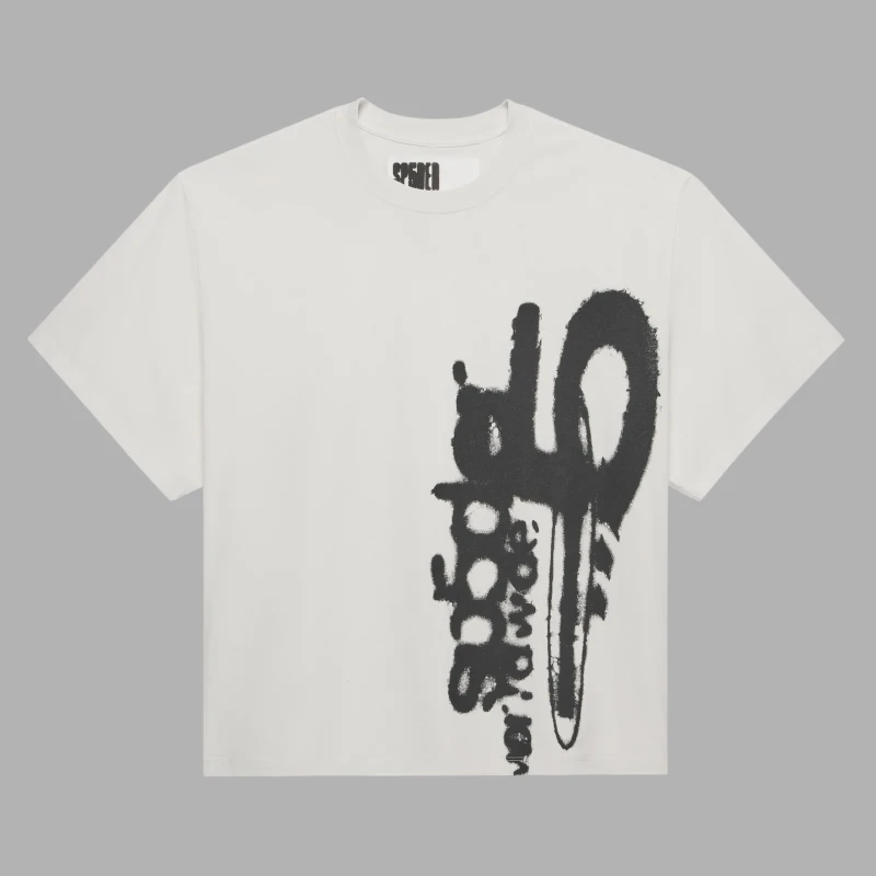 Front view of the white Sp5der SP5 5Luminum T-shirt with a bold black spray-paint graphic print design.