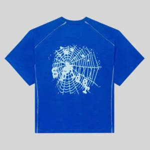 Blue Sp5der Contrast Stitch Slub Tee back view featuring a white graphic spider web logo on the center back of the shirt