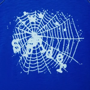 Close-up view of the Sp5der blue slub t-shirt featuring the signature white spiderweb and brand logo graphic design.