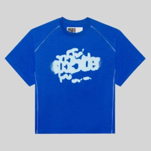 Front view of the blue Sp5der Contrast Stitch Slub Tee featuring white branded graphic print and exposed stitching detail