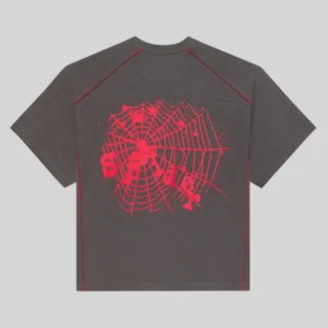 Charcoal Sp5der Contrast Stitch Slub Tee featuring a bright red spider web graphic on the back of the cotton shirt