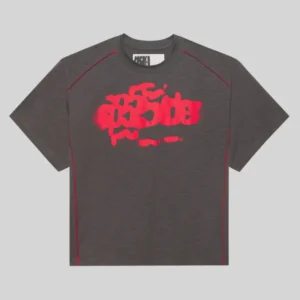 Front view of the grey Sp5der Contrast Stitch Slub Tee featuring red graphic print and signature contrast stitching.