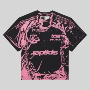 Front view of the Sp5der Jersey Overprint Tee in a black and pink colorway featuring bold streetwear graphic branding