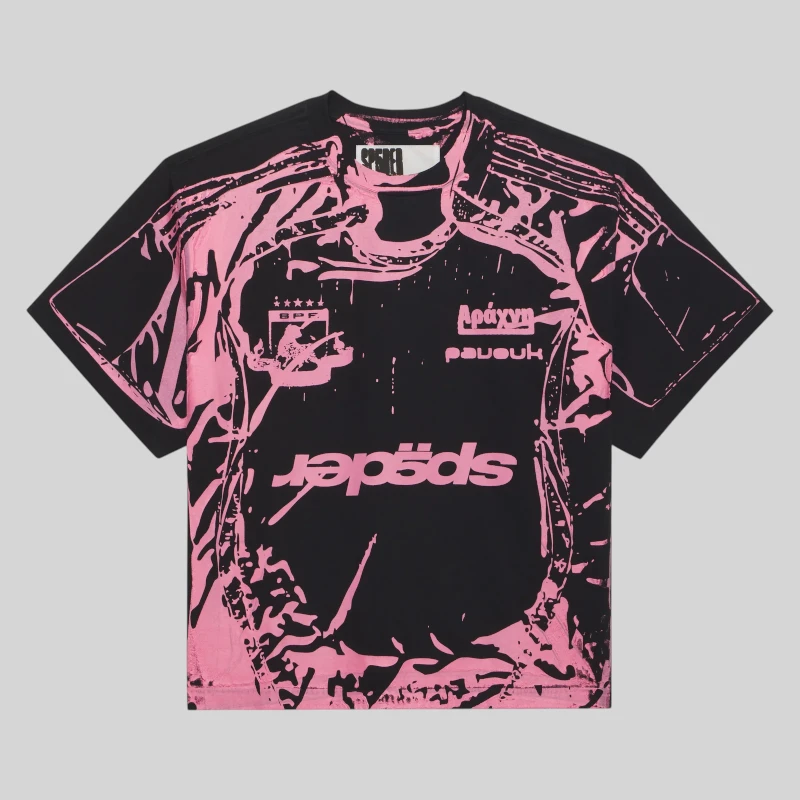 Front view of the Sp5der Jersey Overprint Tee in a black and pink colorway featuring bold streetwear graphic branding