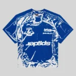 Front view of the blue and white Sp5der Jersey Overprint Tee featuring graphic branding and a stylish athletic design.