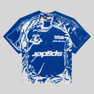 Front view of the blue and white Sp5der Jersey Overprint Tee featuring graphic branding and a stylish athletic design.