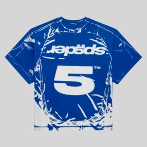 Back view of the Sp5der Jersey Overprint Tee in blue and white with large branding graphics on the back fabric panel