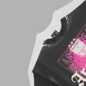 Close up view of the Sp5der Overprint Araignee white and black graphic t-shirt showing logo details