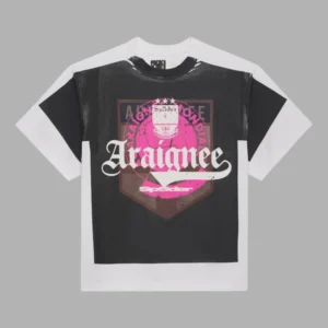 Sp5der Overprint Araignee T-shirt in white and black with graphic logo print on the front chest, flat lay studio view.