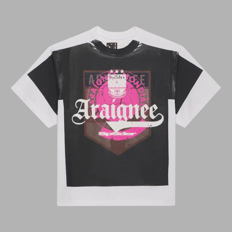 Sp5der Overprint Araignee T-shirt in white and black with graphic logo print on the front chest, flat lay studio view.