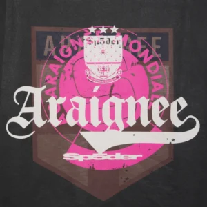 Close up view of the Sp5der Overprint Araignee T-shirt featuring a detailed pink graphic on a black cotton background.
