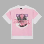 Front view of the white and pink Sp5der Overprint Araignee t-shirt featuring graphic brand logos and streetwear design.