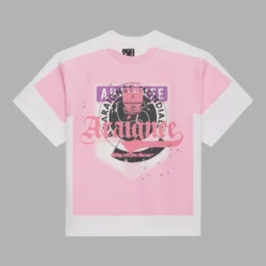 Front view of the white and pink Sp5der Overprint Araignee t-shirt featuring graphic brand logos and streetwear design.