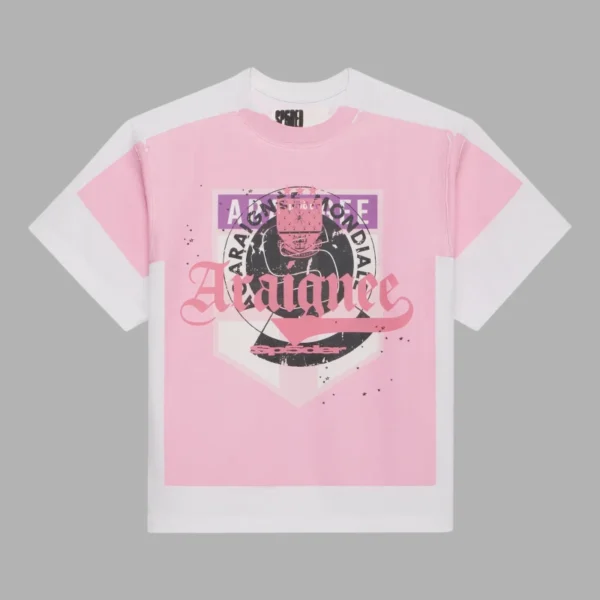 Front view of the white and pink Sp5der Overprint Araignee t-shirt featuring graphic brand logos and streetwear design.