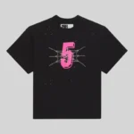 Sp5der Pavouk Rhinestone Tee in black featuring a pink graphic number five and sparkling rhinestone spiderweb detail.