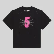 Sp5der Pavouk Rhinestone Tee in black featuring a pink graphic number five and sparkling rhinestone spiderweb detail.