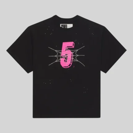 Sp5der Pavouk Rhinestone Tee in black featuring a pink graphic number five and sparkling rhinestone spiderweb detail.