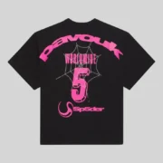 Back view of the black Sp5der Pavouk Rhinestone Tee featuring a pink graphic print and sparkling spiderweb detail.