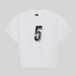 Front view of the white Sp5der Pavouk Rhinestone Tee featuring a signature spiderweb graphic and number 5 design.