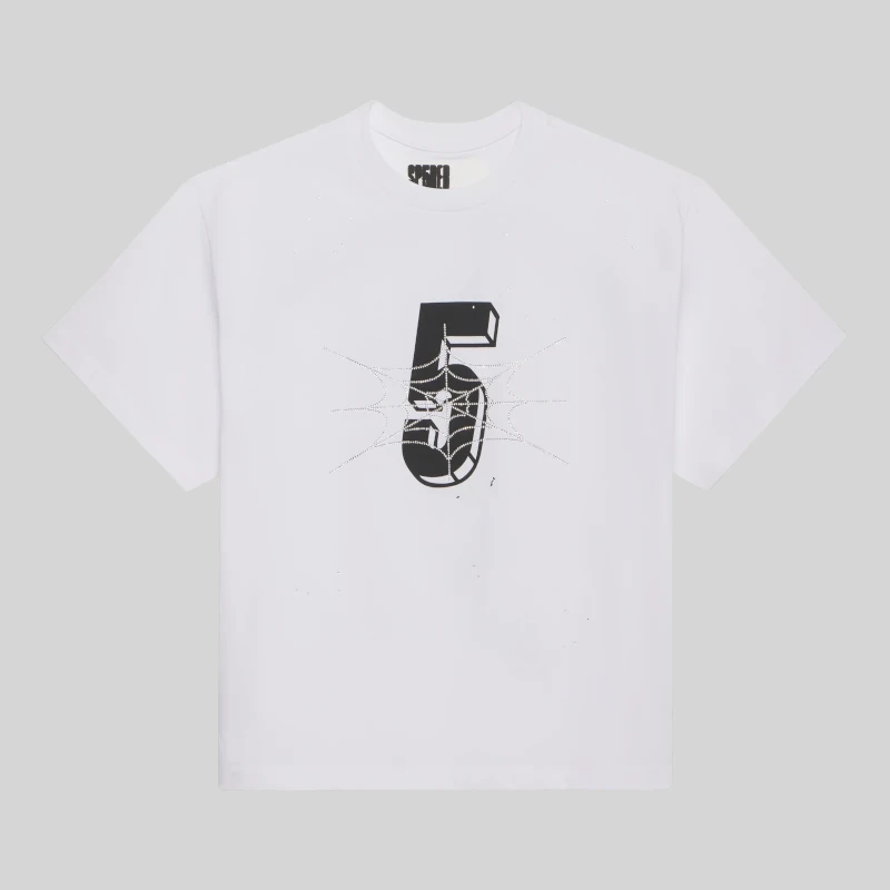 Front view of the white Sp5der Pavouk Rhinestone Tee featuring a signature spiderweb graphic and number 5 design.
