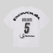 Back view of the white Sp5der Pavouk Rhinestone Tee featuring a graphic print and rhinestone spiderweb details.