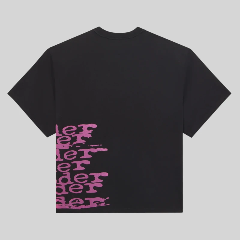 Black Sp5der Stacked T-shirt featuring a pink logo print on the lower side, shown from a back perspective for style.