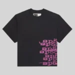 Front view of a black Sp5der Stacked short sleeve t-shirt with pink graphic lettering on the bottom right side.