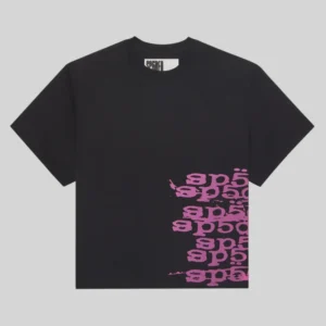 Front view of a black Sp5der Stacked short sleeve t-shirt with pink graphic lettering on the bottom right side.