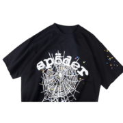 A black Sp5der OG Web V2 t-shirt featuring the iconic white spider web graphic and colorful star details on the front.