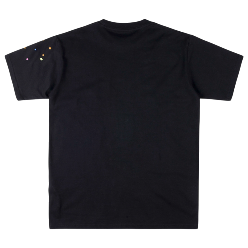 Back view of the Sp5der OG Web V2 black t-shirt, featuring a relaxed fit, high-quality fabric, and small star details.