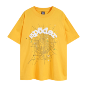 Front view of the vibrant yellow Sp5der Wait Web T-shirt featuring an intricate spider web graphic and logo design.