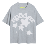 Gray Sp5der Worldwide Star Beluga T-Shirt with white bold logo graphic print design for streetwear enthusiasts.