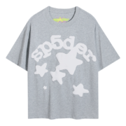 Gray Sp5der Worldwide Star Beluga T-Shirt with white bold logo graphic print design for streetwear enthusiasts.