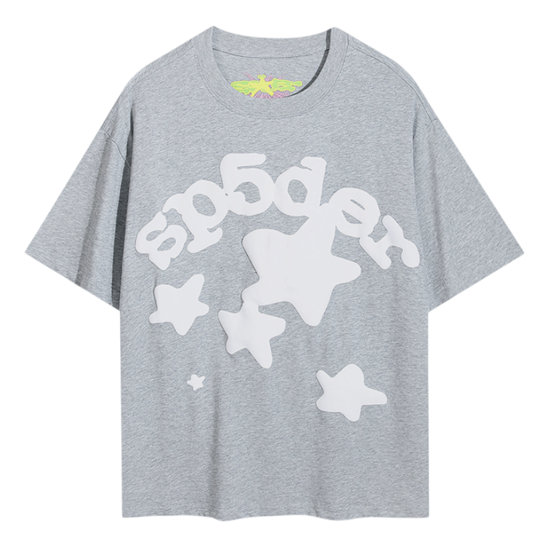 Sp5der Worldwide Star Beluga Gray T Shirt Gray Sp5der Worldwide Star Beluga T-Shirt with white bold logo graphic print design for streetwear enthusiasts.