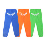 Sp5der Websuit sweatpants available in royal blue, orange, and green colors, featuring the iconic brand logo design.