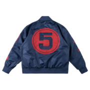 Back view of the navy Sp5der satin bomber jacket featuring the signature circular red number 5 branding design.