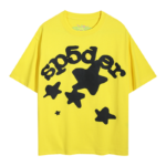 Front view of the Sp5der Worldwide Star Beluga T-shirt in bright yellow with a black cosmic star graphic print.